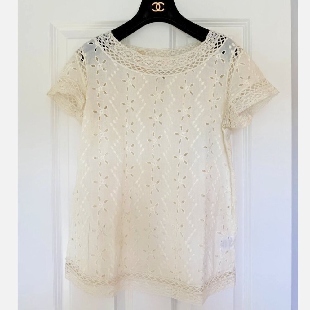 Joie Women's Size XS Cream Short Puff Sleeve Embroidered Eyelet Crepe Top Blouse